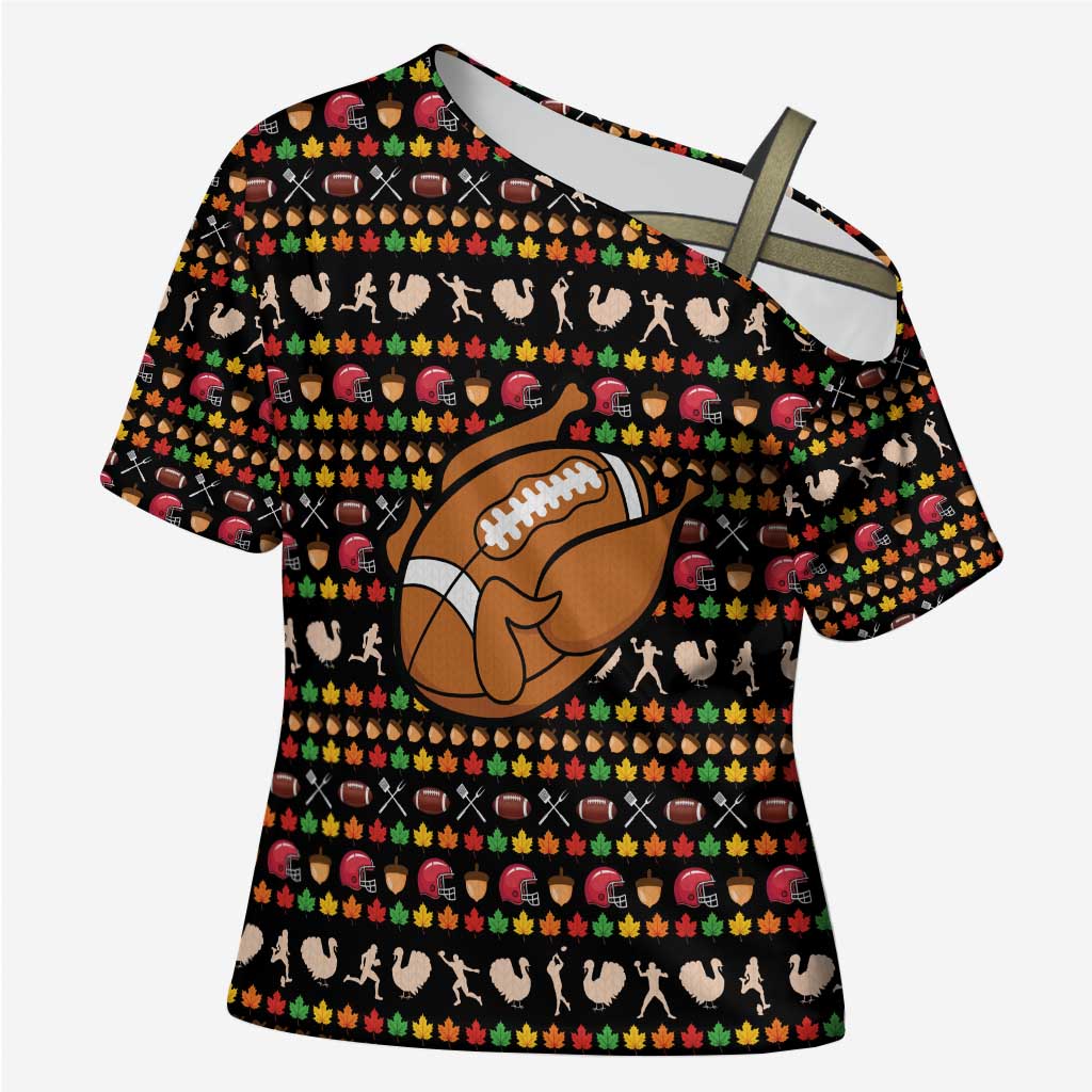 Merry Christmas Turkey Football Cross Shoulder Shirt Fall Leaves Pattern for Game Day Fans - Wonder Print Shop