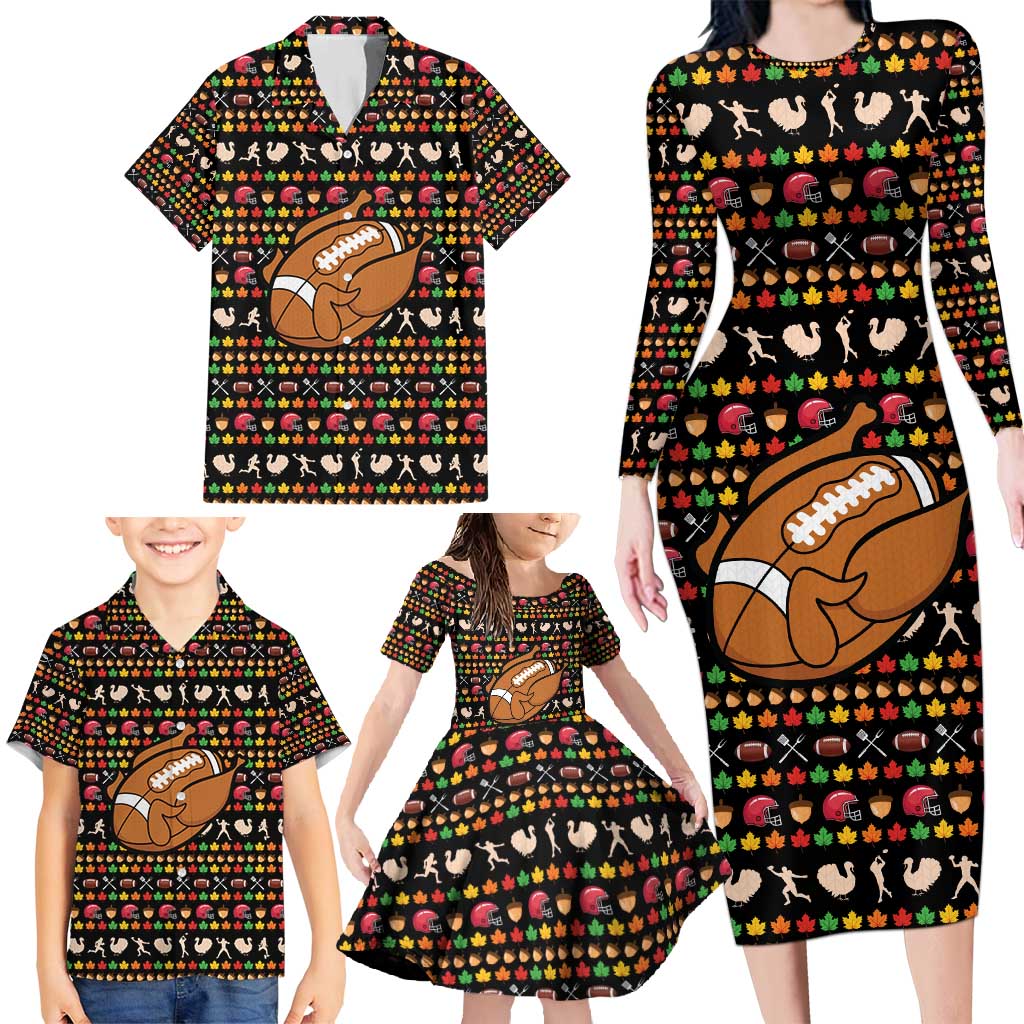 Merry Christmas Turkey Football Family Matching Long Sleeve Bodycon Dress and Hawaiian Shirt Fall Leaves Pattern for Game Day Fans - Wonder Print Shop