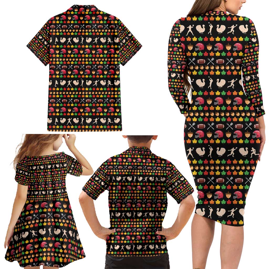 Merry Christmas Turkey Football Family Matching Long Sleeve Bodycon Dress and Hawaiian Shirt Fall Leaves Pattern for Game Day Fans - Wonder Print Shop