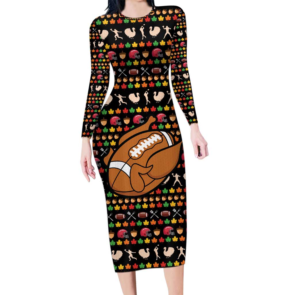 Merry Christmas Turkey Football Family Matching Long Sleeve Bodycon Dress and Hawaiian Shirt Fall Leaves Pattern for Game Day Fans - Wonder Print Shop