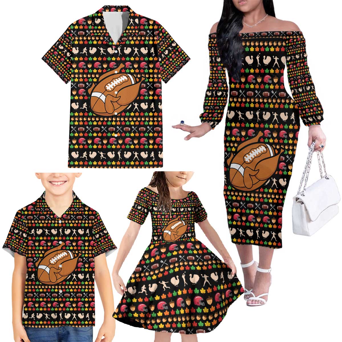 Merry Christmas Turkey Football Family Matching Off The Shoulder Long Sleeve Dress and Hawaiian Shirt Fall Leaves Pattern for Game Day Fans - Wonder Print Shop
