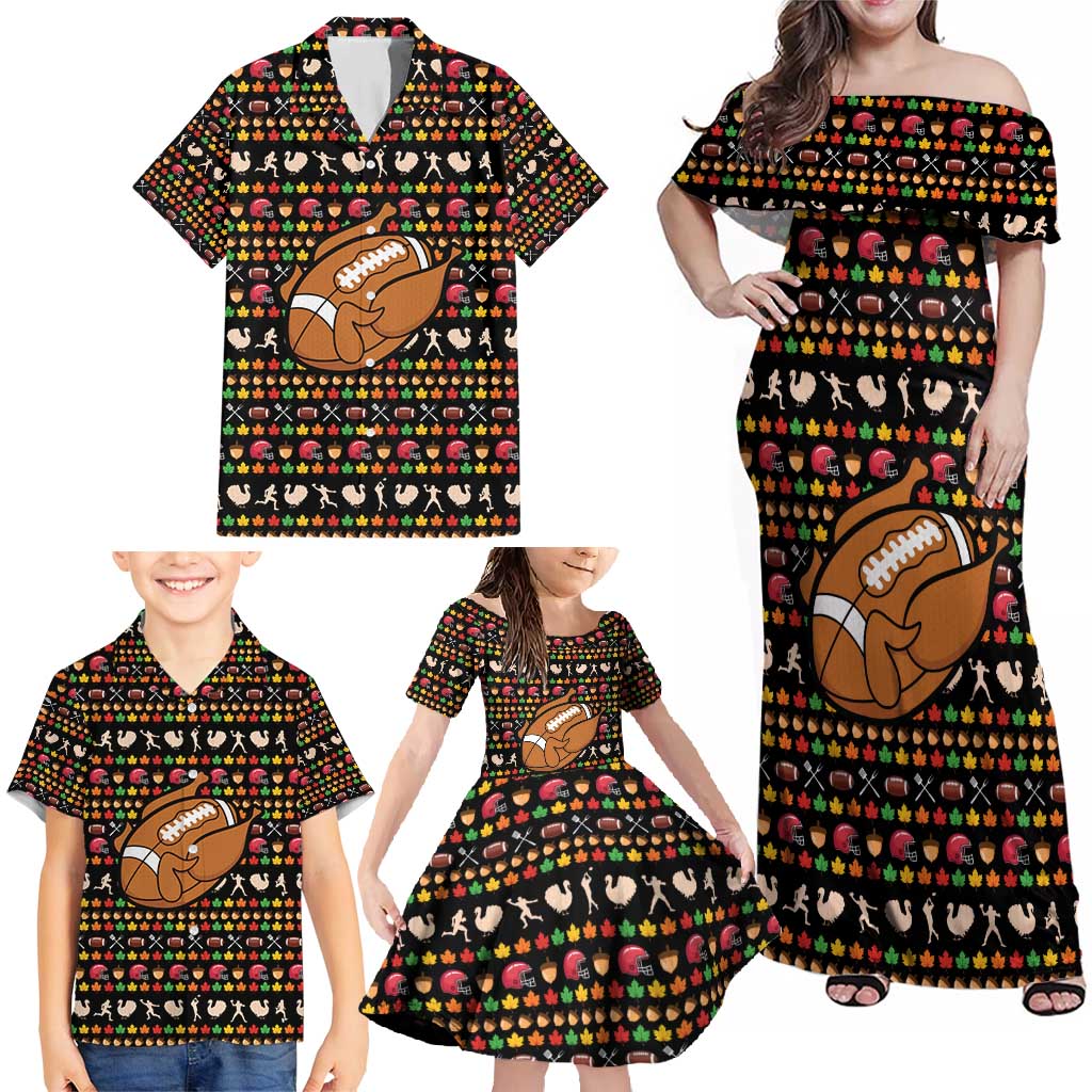 Merry Christmas Turkey Football Family Matching Off Shoulder Maxi Dress and Hawaiian Shirt Fall Leaves Pattern for Game Day Fans - Wonder Print Shop