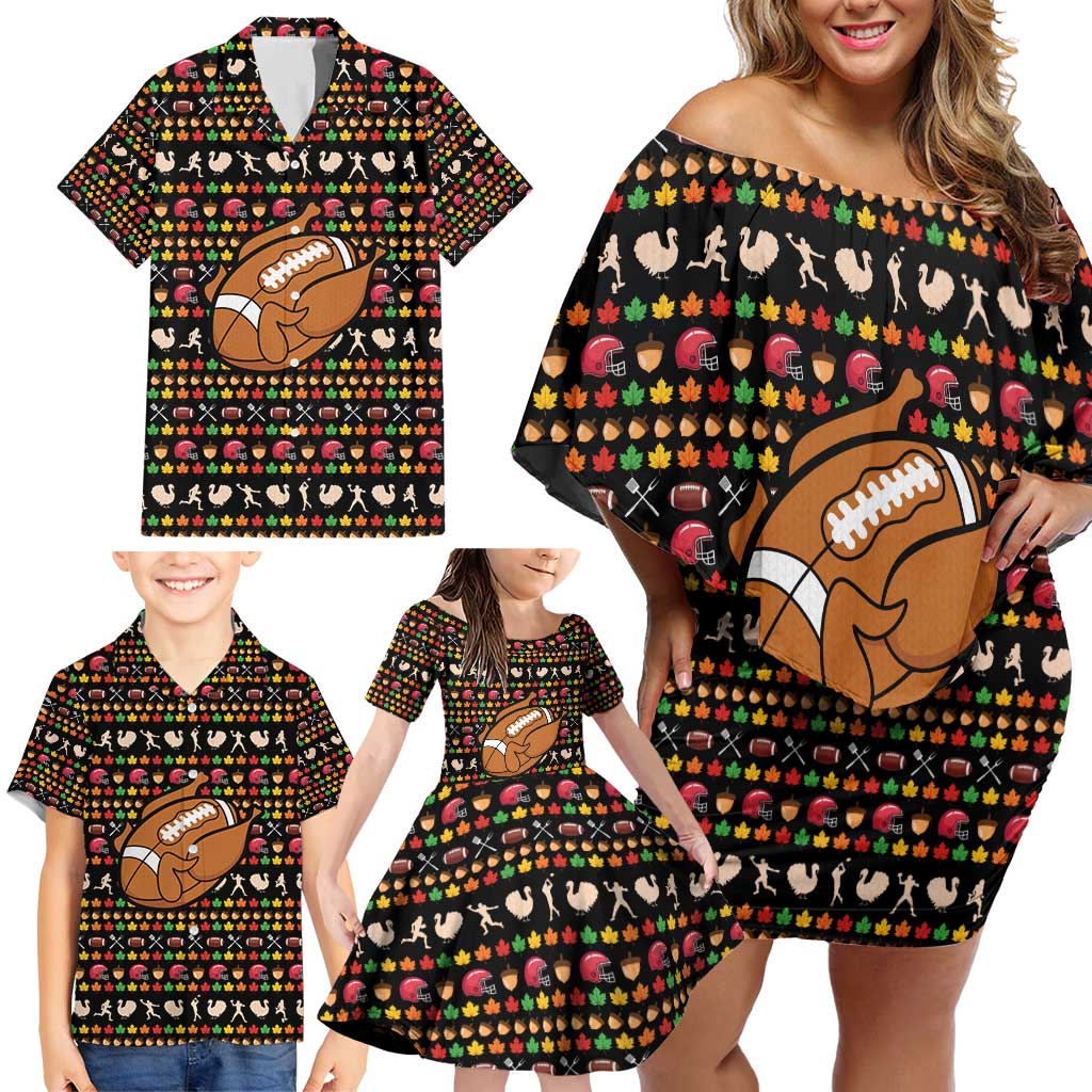 Merry Christmas Turkey Football Family Matching Off Shoulder Short Dress and Hawaiian Shirt Fall Leaves Pattern for Game Day Fans - Wonder Print Shop