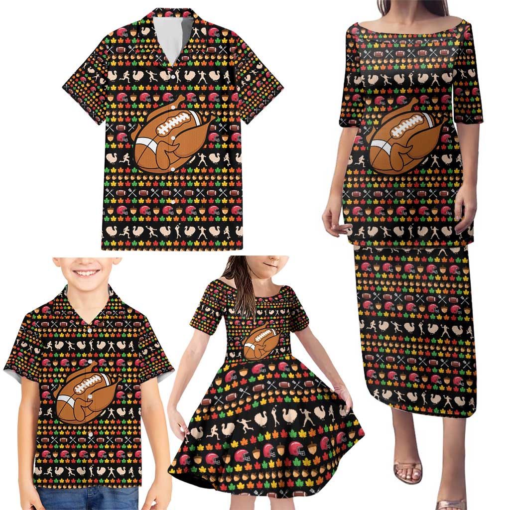 Merry Christmas Turkey Football Family Matching Puletasi and Hawaiian Shirt Fall Leaves Pattern for Game Day Fans - Wonder Print Shop