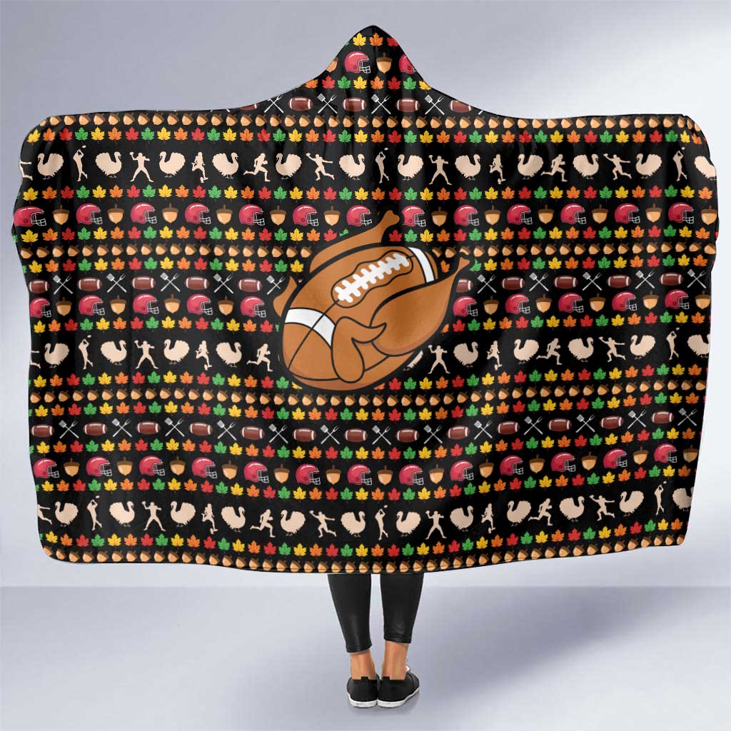 Merry Christmas Turkey Football Hooded Blanket Fall Leaves Pattern for Game Day Fans - Wonder Print Shop