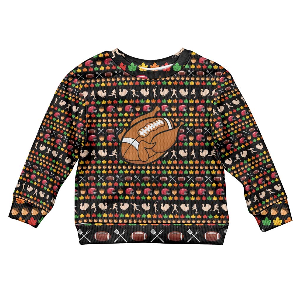 Merry Christmas Turkey Football Kid Ugly Christmas Sweater Fall Leaves Pattern for Game Day Fans - Wonder Print Shop