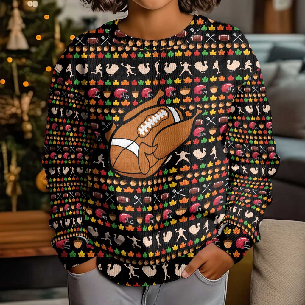 Merry Christmas Turkey Football Kid Ugly Christmas Sweater Fall Leaves Pattern for Game Day Fans - Wonder Print Shop