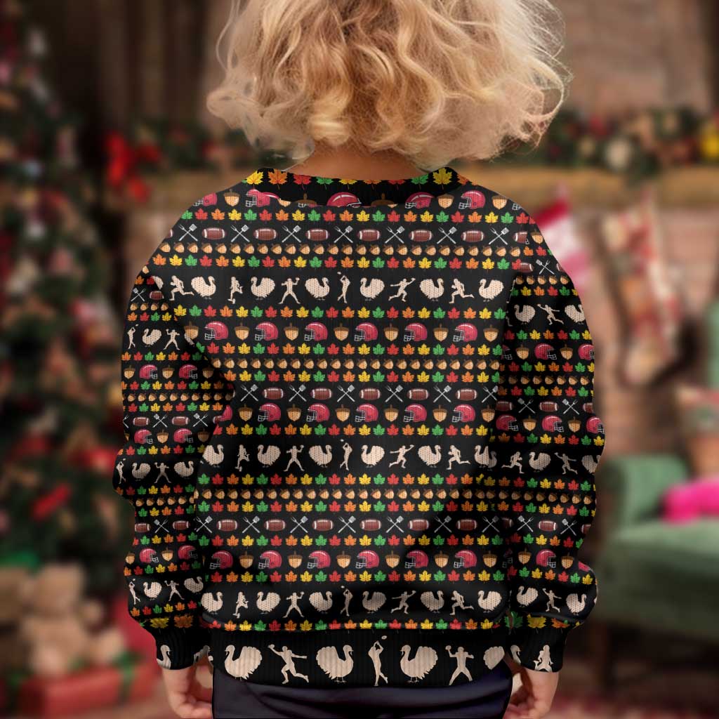 Merry Christmas Turkey Football Kid Ugly Christmas Sweater Fall Leaves Pattern for Game Day Fans - Wonder Print Shop