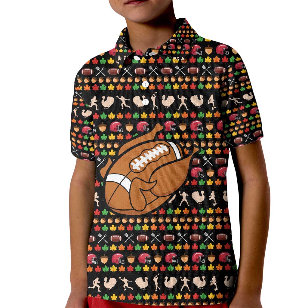 Merry Christmas Turkey Football Kid Polo Shirt Fall Leaves Pattern for Game Day Fans - Wonder Print Shop