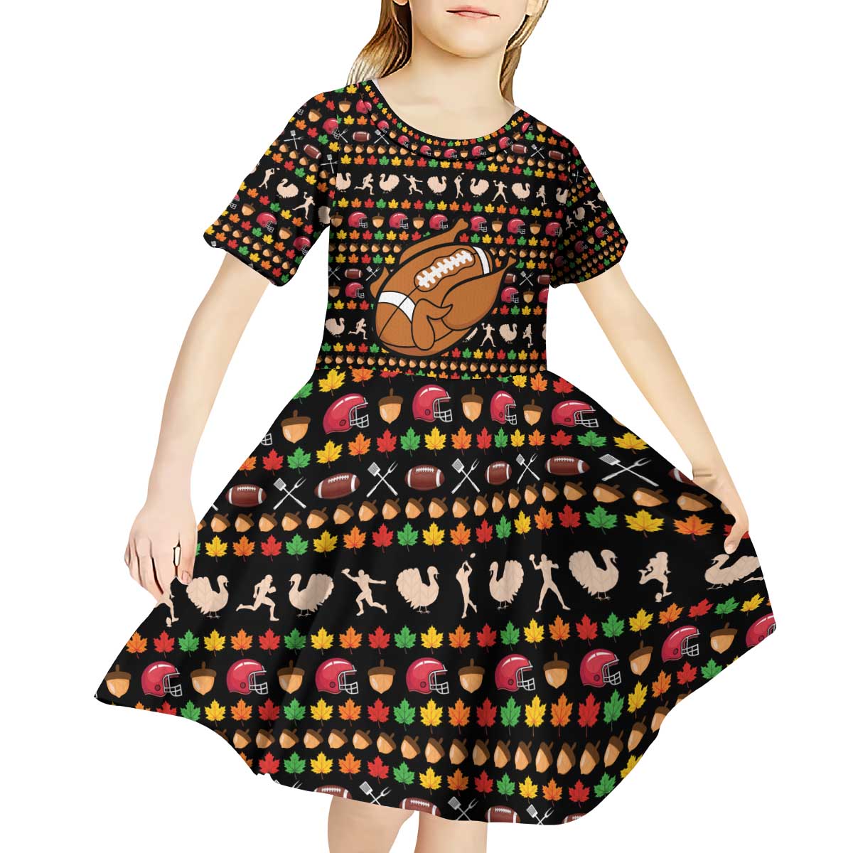 Merry Christmas Turkey Football Kid Short Sleeve Dress Fall Leaves Pattern for Game Day Fans - Wonder Print Shop