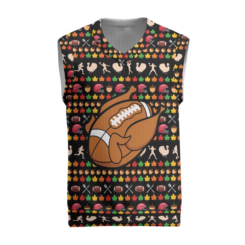Merry Christmas Turkey Football Christmas Knitted V-Neck Vest Fall Leaves Pattern for Game Day Fans - Wonder Print Shop