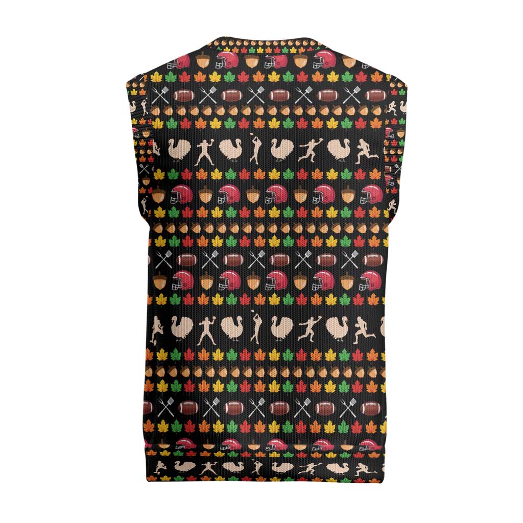 Merry Christmas Turkey Football Christmas Knitted V-Neck Vest Fall Leaves Pattern for Game Day Fans - Wonder Print Shop