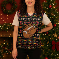 Merry Christmas Turkey Football Christmas Knitted V-Neck Vest Fall Leaves Pattern for Game Day Fans - Wonder Print Shop