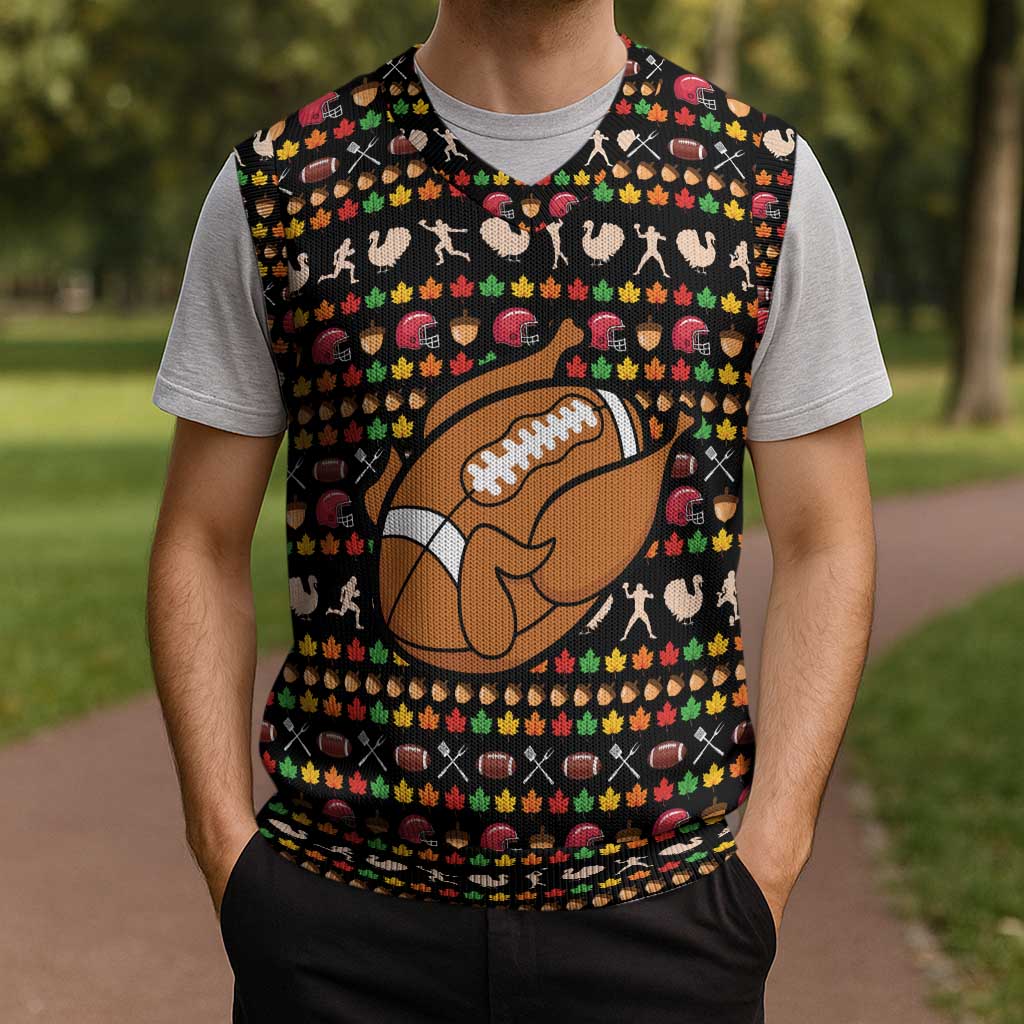Merry Christmas Turkey Football Christmas Knitted V-Neck Vest Fall Leaves Pattern for Game Day Fans - Wonder Print Shop
