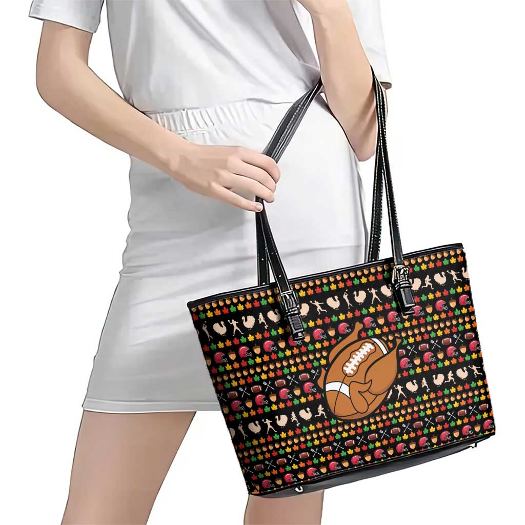 Merry Christmas Turkey Football Leather Tote Bag Fall Leaves Pattern for Game Day Fans - Wonder Print Shop
