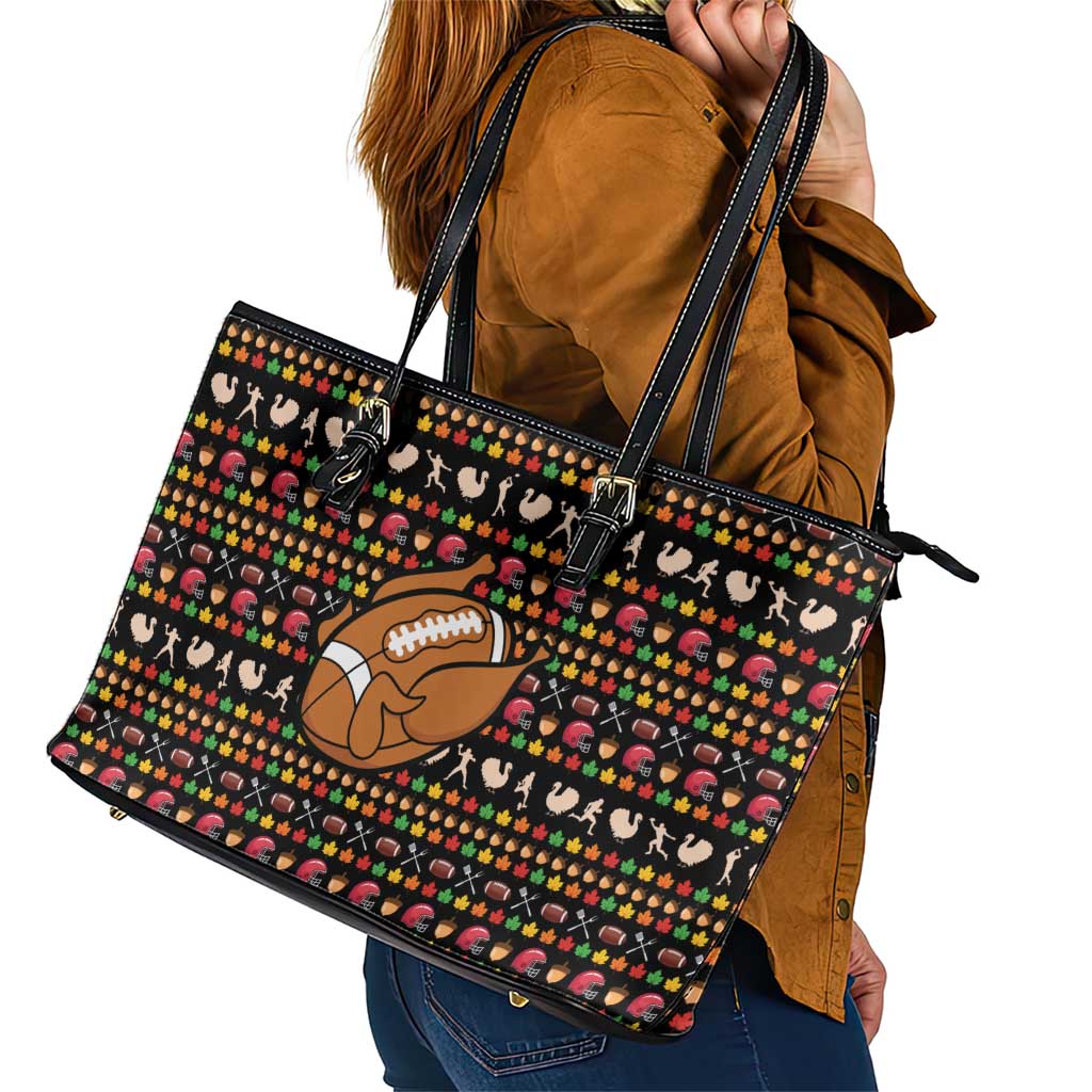 Merry Christmas Turkey Football Leather Tote Bag Fall Leaves Pattern for Game Day Fans - Wonder Print Shop