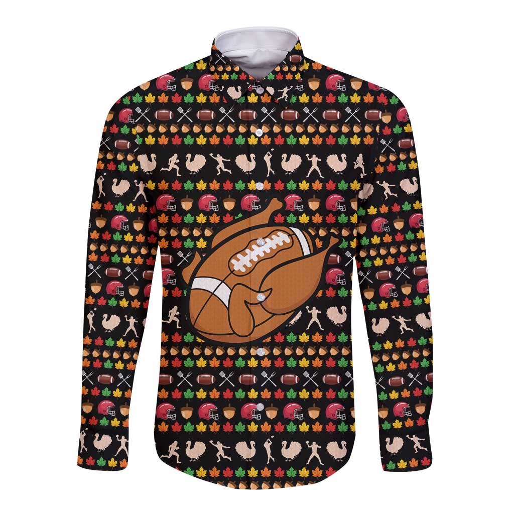 Merry Christmas Turkey Football Long Sleeve Button Shirt Fall Leaves Pattern for Game Day Fans - Wonder Print Shop