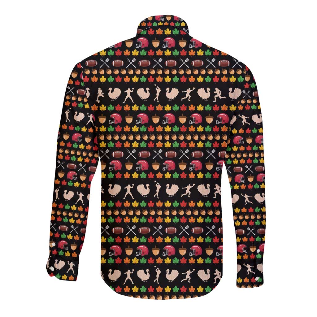 Merry Christmas Turkey Football Long Sleeve Button Shirt Fall Leaves Pattern for Game Day Fans - Wonder Print Shop