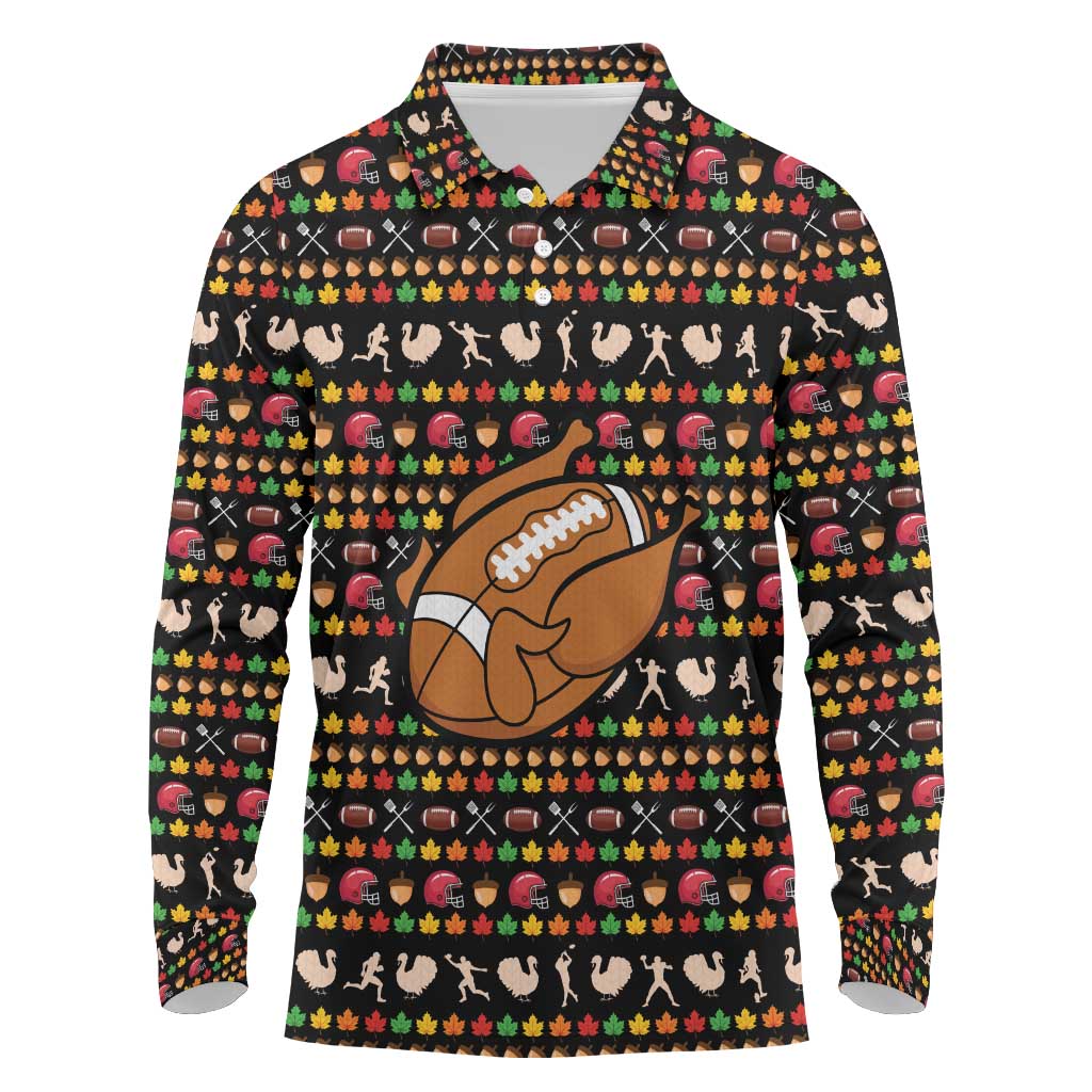 Merry Christmas Turkey Football Long Sleeve Polo Shirt Fall Leaves Pattern for Game Day Fans - Wonder Print Shop
