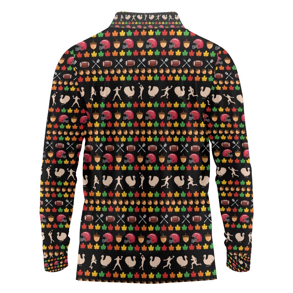 Merry Christmas Turkey Football Long Sleeve Polo Shirt Fall Leaves Pattern for Game Day Fans - Wonder Print Shop