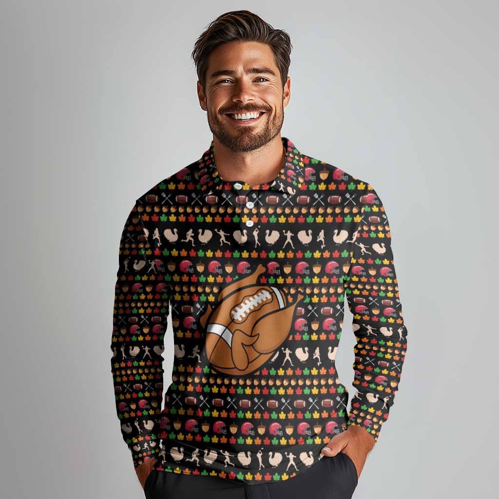 Merry Christmas Turkey Football Long Sleeve Polo Shirt Fall Leaves Pattern for Game Day Fans - Wonder Print Shop