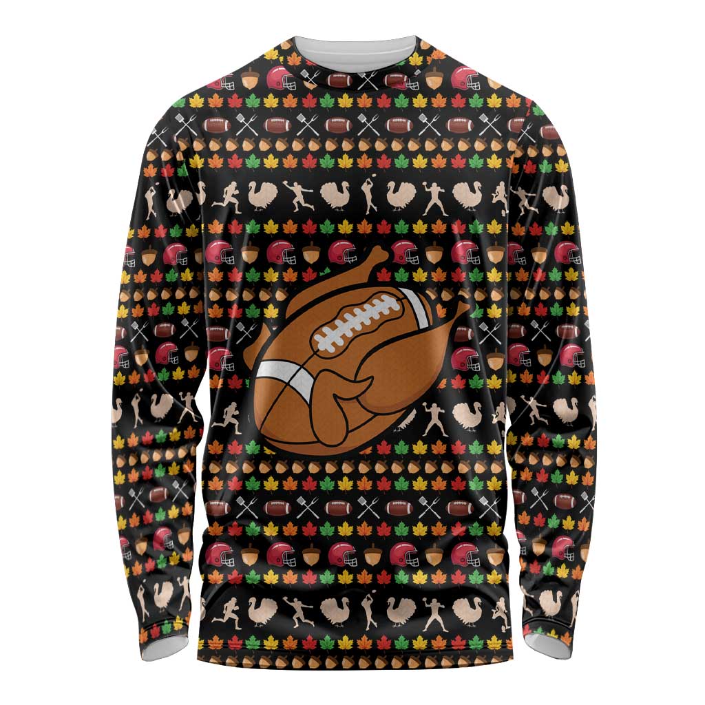 Merry Christmas Turkey Football Long Sleeve Shirt Fall Leaves Pattern for Game Day Fans - Wonder Print Shop