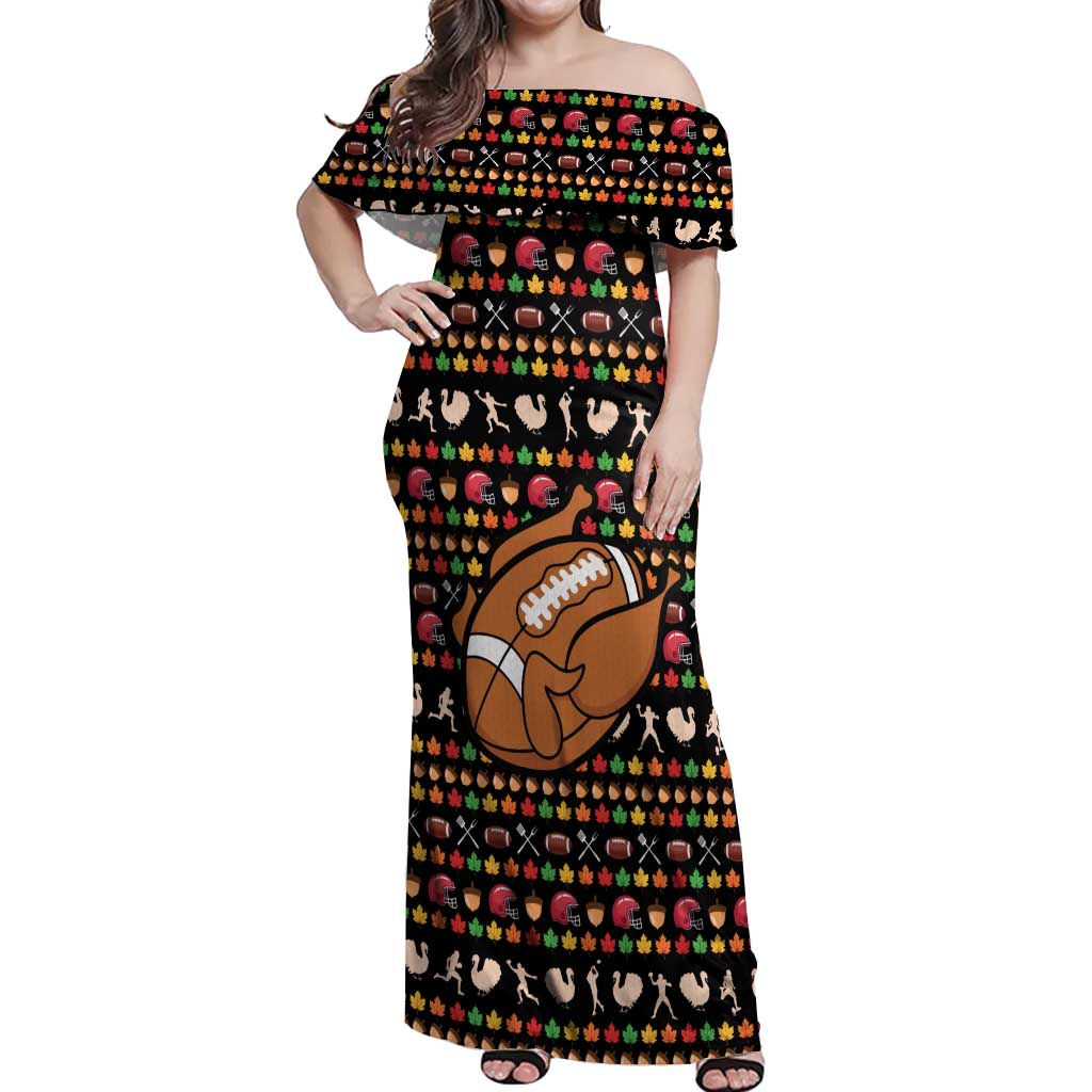 Merry Christmas Turkey Football Off Shoulder Maxi Dress Fall Leaves Pattern for Game Day Fans - Wonder Print Shop