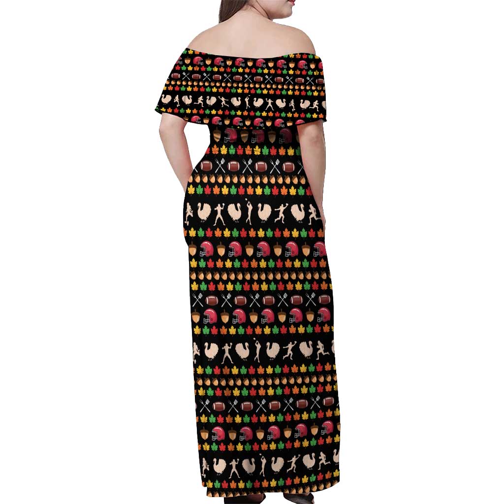 Merry Christmas Turkey Football Off Shoulder Maxi Dress Fall Leaves Pattern for Game Day Fans - Wonder Print Shop