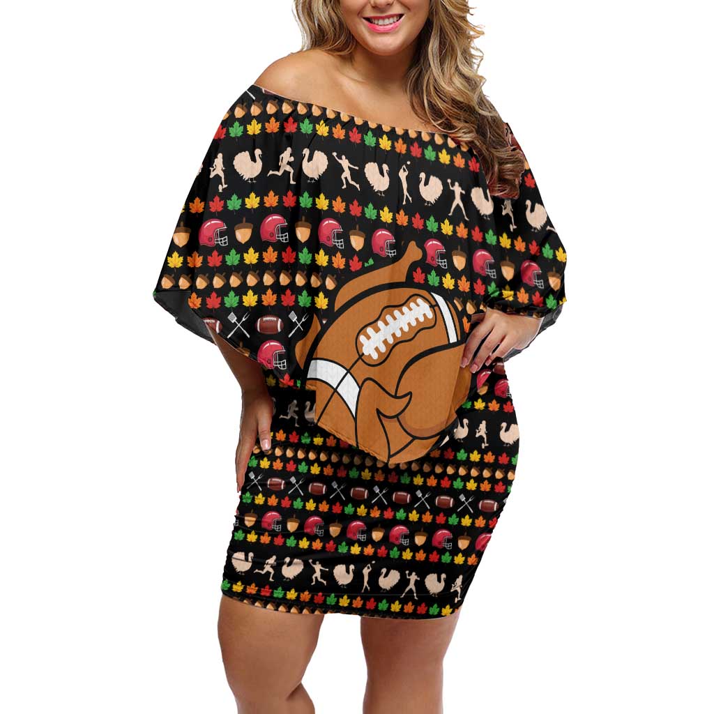 Merry Christmas Turkey Football Off Shoulder Short Dress Fall Leaves Pattern for Game Day Fans - Wonder Print Shop