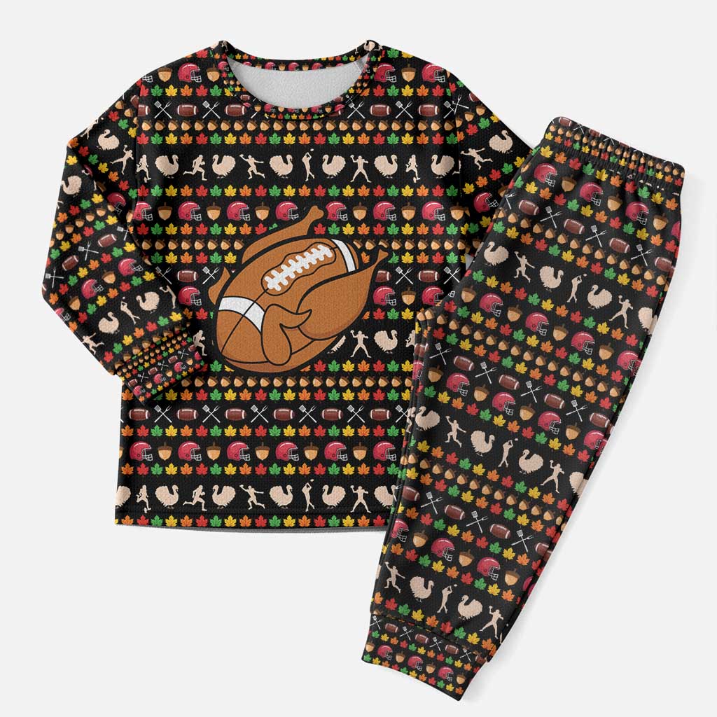 Merry Christmas Turkey Football Christmas Pajama Set Fall Leaves Pattern for Game Day Fans - Wonder Print Shop