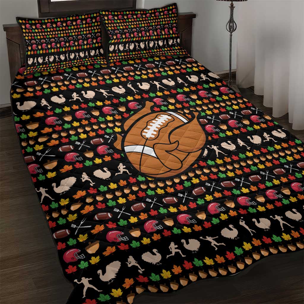 Merry Christmas Turkey Football Quilt Bed Set Fall Leaves Pattern for Game Day Fans - Wonder Print Shop