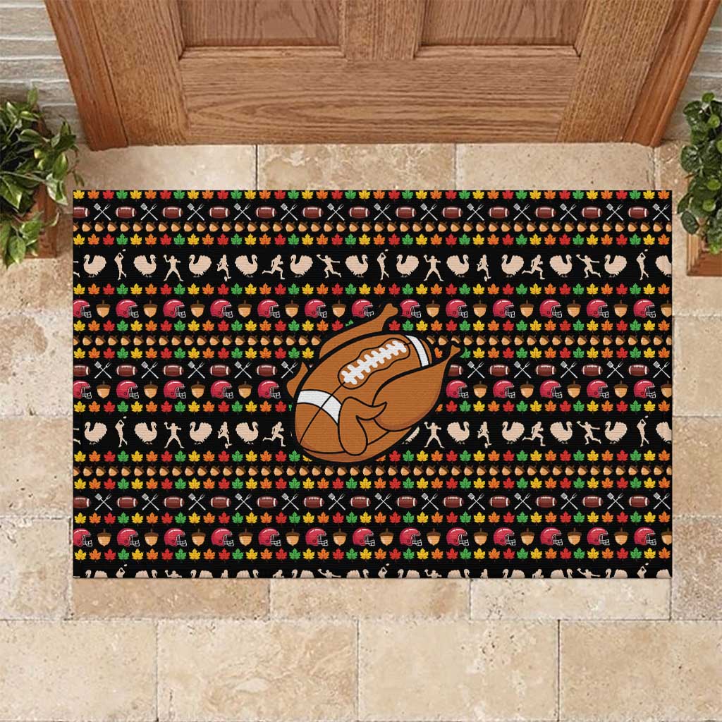 Merry Christmas Turkey Football Rubber Doormat Fall Leaves Pattern for Game Day Fans - Wonder Print Shop