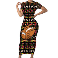 Merry Christmas Turkey Football Short Sleeve Bodycon Dress Fall Leaves Pattern for Game Day Fans - Wonder Print Shop