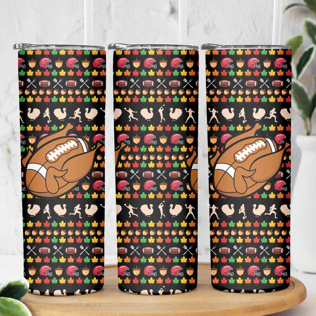 Merry Christmas Turkey Football Skinny Tumbler Fall Leaves Pattern for Game Day Fans - Wonder Print Shop
