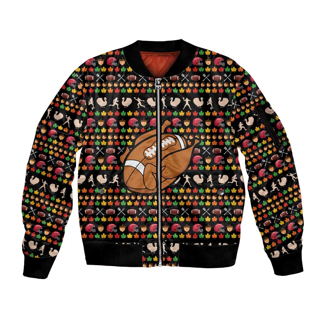 Merry Christmas Turkey Football Sleeve Zip Bomber Jacket Fall Leaves Pattern for Game Day Fans - Wonder Print Shop