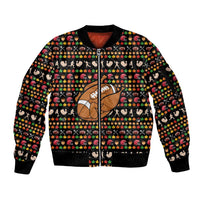 Merry Christmas Turkey Football Sleeve Zip Bomber Jacket Fall Leaves Pattern for Game Day Fans - Wonder Print Shop