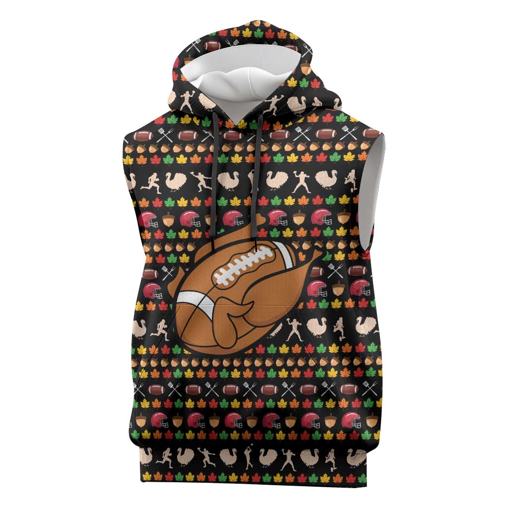 Merry Christmas Turkey Football Sleeveless Hoodie Fall Leaves Pattern for Game Day Fans - Wonder Print Shop