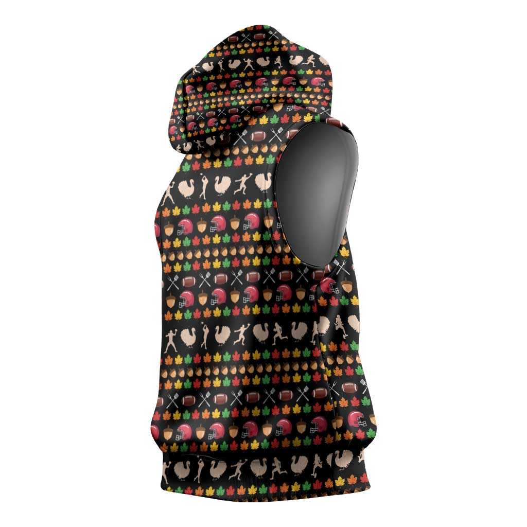 Merry Christmas Turkey Football Sleeveless Hoodie Fall Leaves Pattern for Game Day Fans - Wonder Print Shop