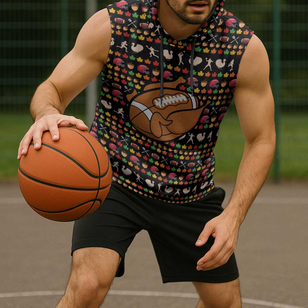 Merry Christmas Turkey Football Sleeveless Hoodie Fall Leaves Pattern for Game Day Fans - Wonder Print Shop