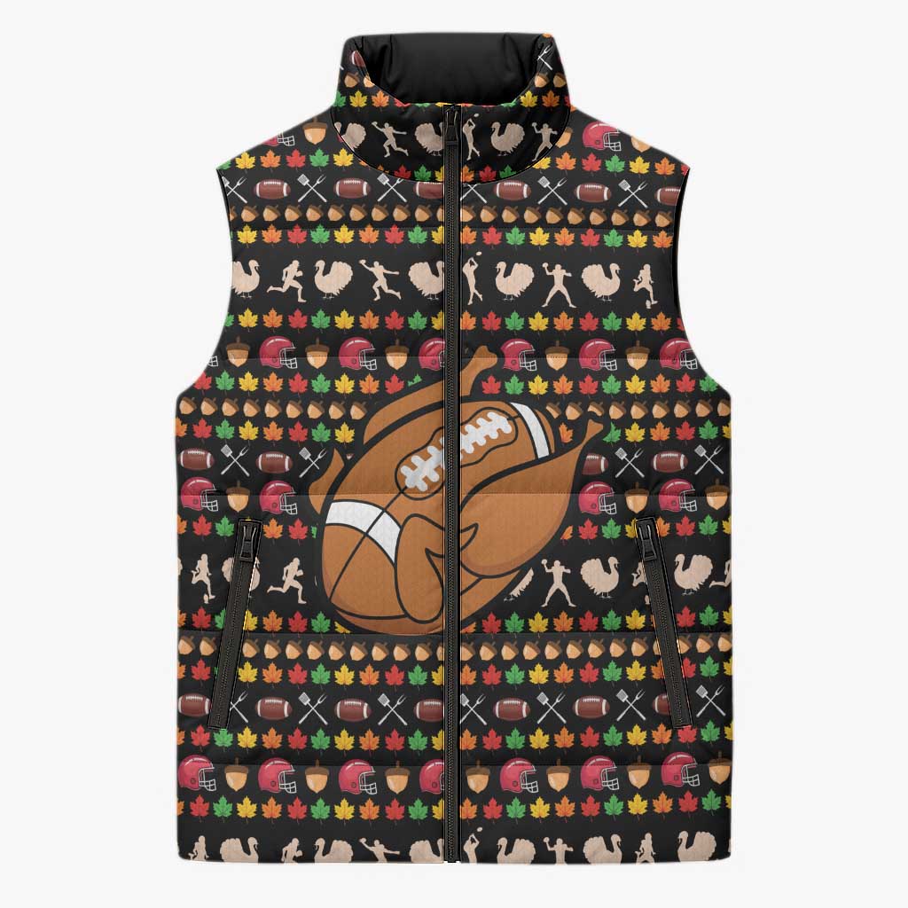 Merry Christmas Turkey Football Sleeveless Puffer Jacket Fall Leaves Pattern for Game Day Fans - Wonder Print Shop