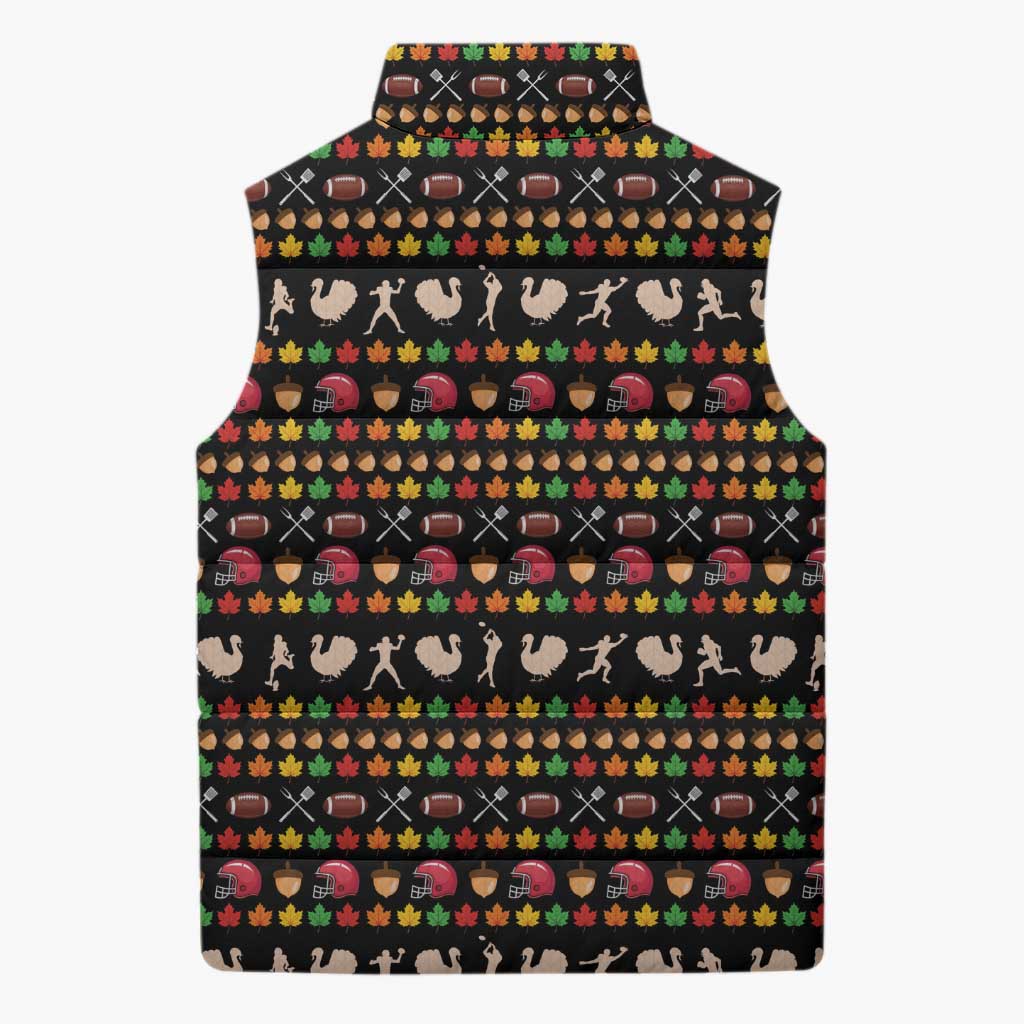 Merry Christmas Turkey Football Sleeveless Puffer Jacket Fall Leaves Pattern for Game Day Fans - Wonder Print Shop