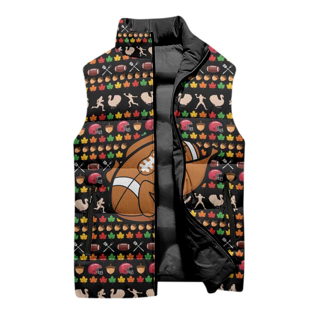 Merry Christmas Turkey Football Sleeveless Puffer Jacket Fall Leaves Pattern for Game Day Fans - Wonder Print Shop