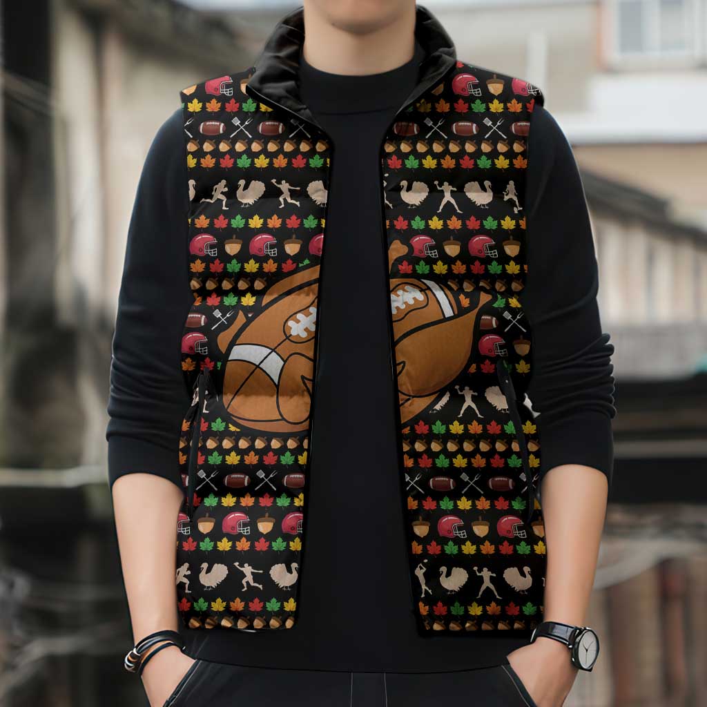Merry Christmas Turkey Football Sleeveless Puffer Jacket Fall Leaves Pattern for Game Day Fans - Wonder Print Shop