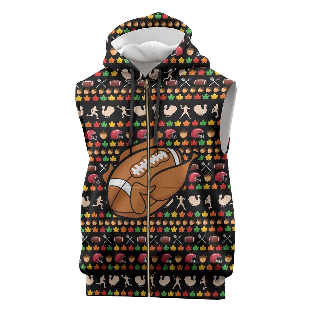 Merry Christmas Turkey Football Sleeveless Zip Hoodie Fall Leaves Pattern for Game Day Fans - Wonder Print Shop