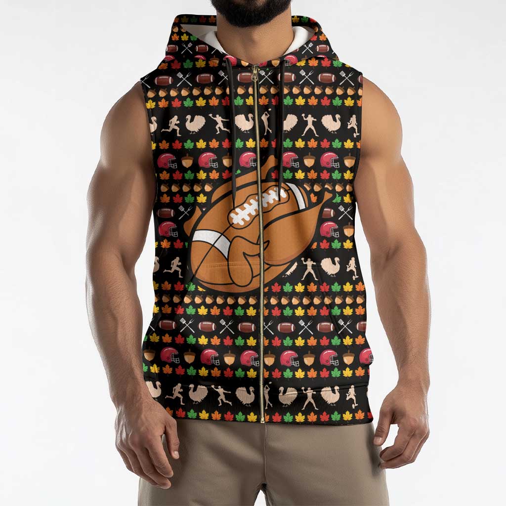 Merry Christmas Turkey Football Sleeveless Zip Hoodie Fall Leaves Pattern for Game Day Fans - Wonder Print Shop