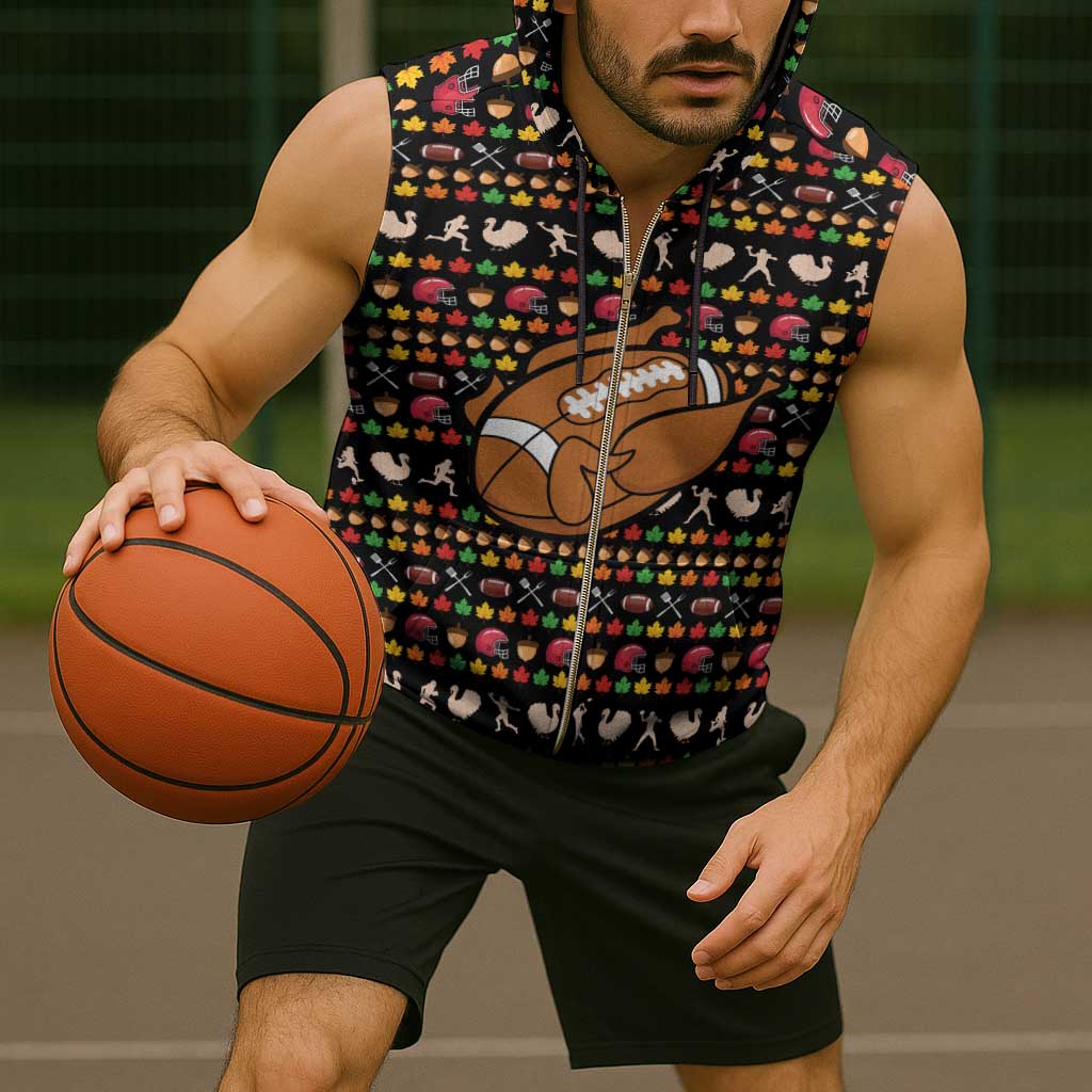 Merry Christmas Turkey Football Sleeveless Zip Hoodie Fall Leaves Pattern for Game Day Fans - Wonder Print Shop