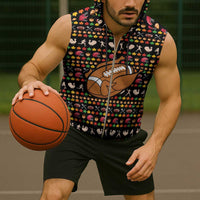 Merry Christmas Turkey Football Sleeveless Zip Hoodie Fall Leaves Pattern for Game Day Fans - Wonder Print Shop