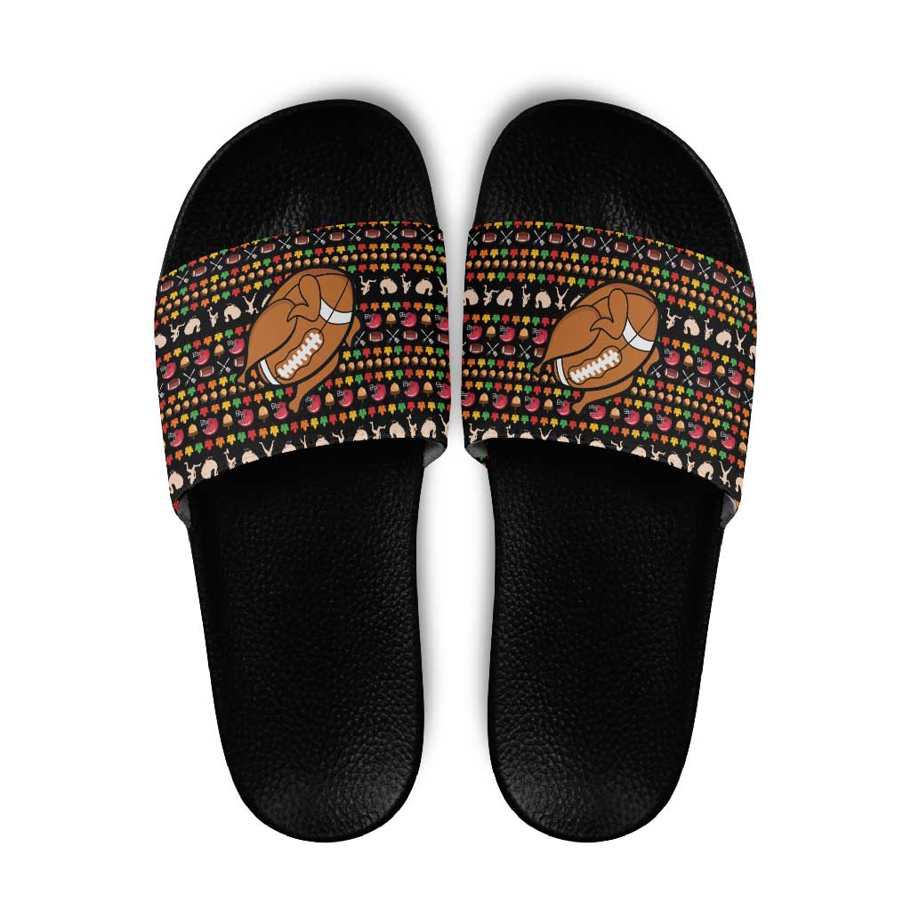 Merry Christmas Turkey Football Slide Sandals Fall Leaves Pattern for Game Day Fans - Wonder Print Shop