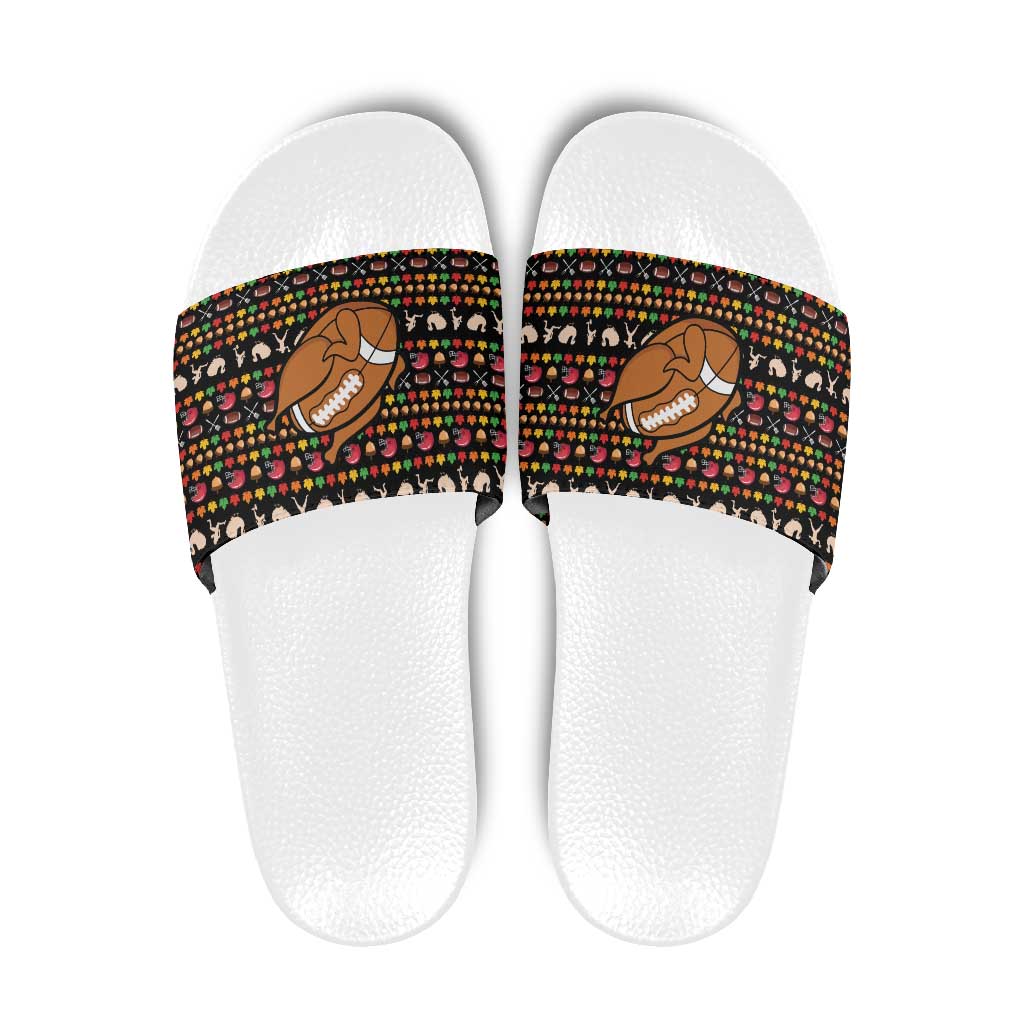 Merry Christmas Turkey Football Slide Sandals Fall Leaves Pattern for Game Day Fans - Wonder Print Shop