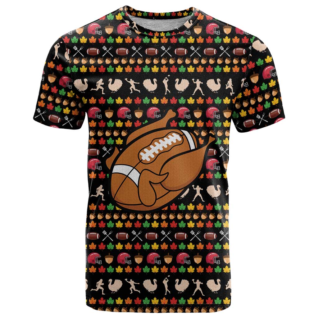 Merry Christmas Turkey Football T Shirt Fall Leaves Pattern for Game Day Fans - Wonder Print Shop
